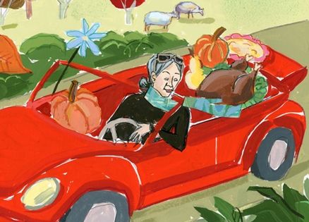 Illustration of a grandmother in car with Thanksgiving fare