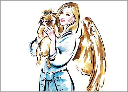 An artist's rendering of an angel holding a Pekinese