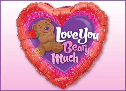 A heart-shaped balloon with a bear picture and the words, I love you beary much