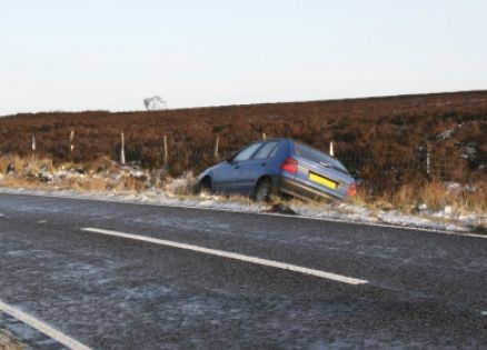 Car stuck in ditch on the side of an icy road.