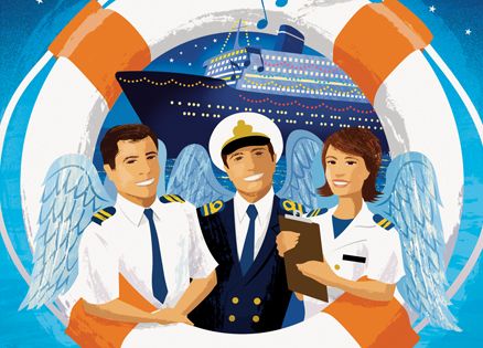 An artist's rendering of a ship's captain and crew, all sporting angel wings