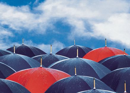 Two red umbrellas stand out in a crowd of black ones