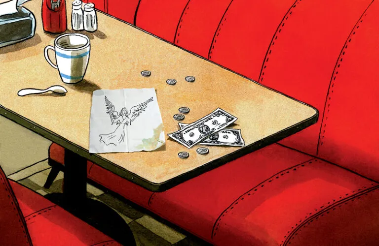 An artist's rendering of a diner table with a generous tip and an angel doodle