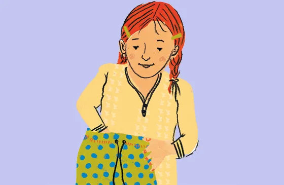 Illustration of a girl with pigtails reaching into her bag of hope