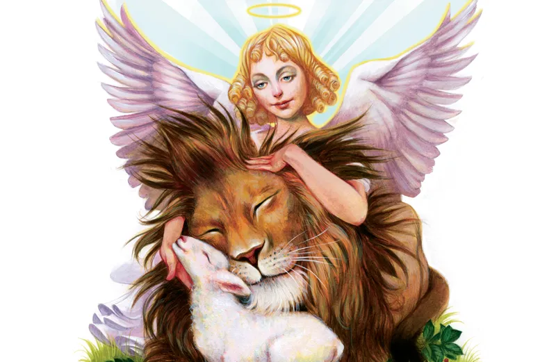 An artist's rendering of an angel, a lion and a lamp ebracing