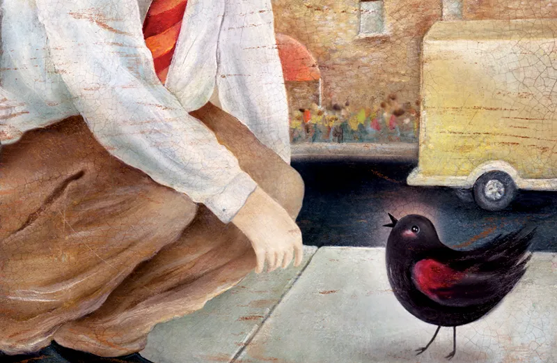 An artist's rendering of a young man bending down to a red-winged blackbird