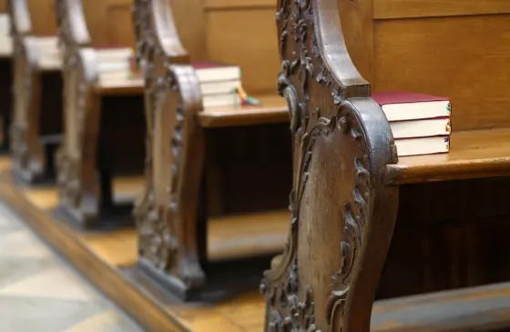 close-up of a church pew