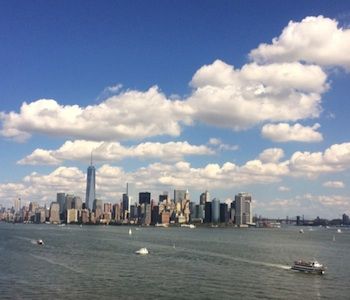 The New York City skyline featuring the Freedom Tower