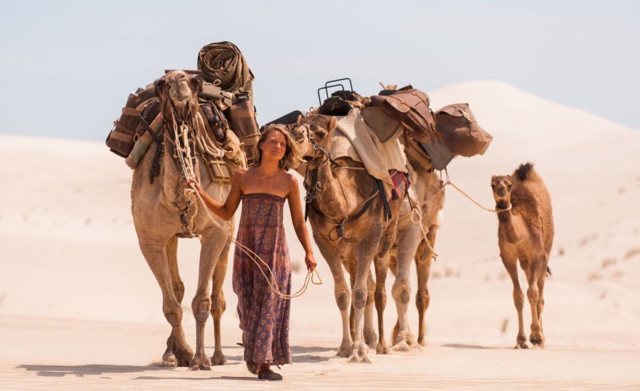 A still from the movie 'Tracks' depicting camels being led through the desert.