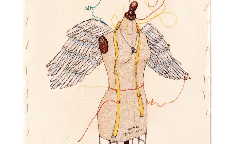 An artist's rendering of a dressmaker's form with angel wings