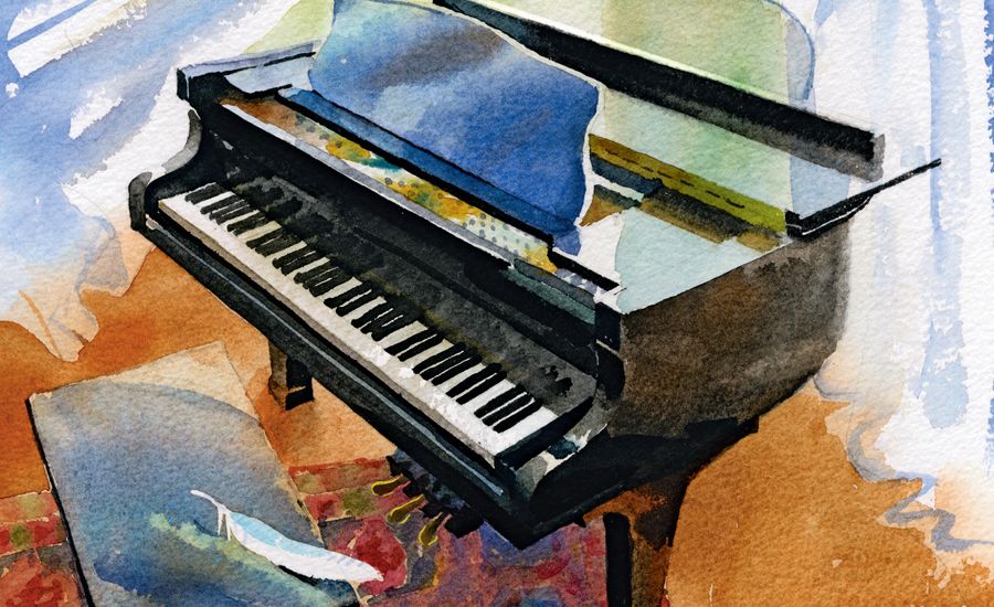 An artist's rendering of a piano and bench. An angel's feather is on the bench.