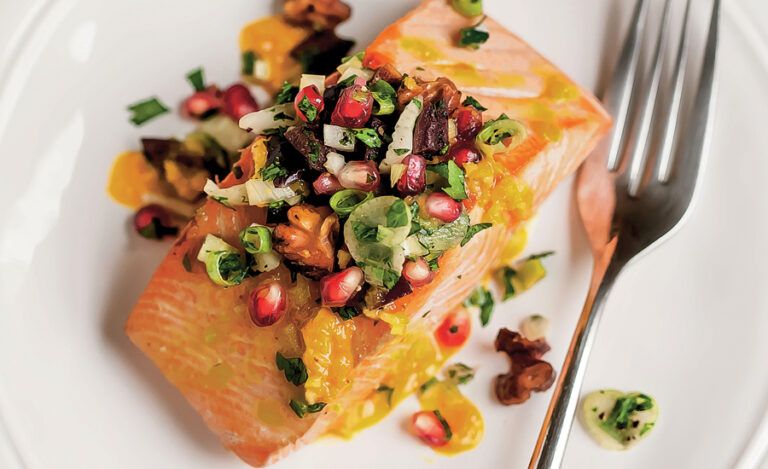 Roasted Ginger Salmon with Pomegranite Olive Mint Salsa