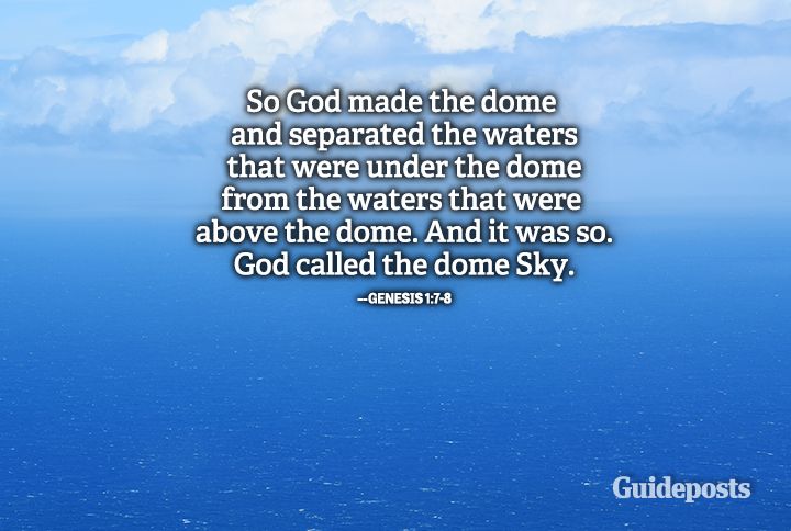 Pacific ocean beneath fluffy clouds displaying an Earth Day bible verse
