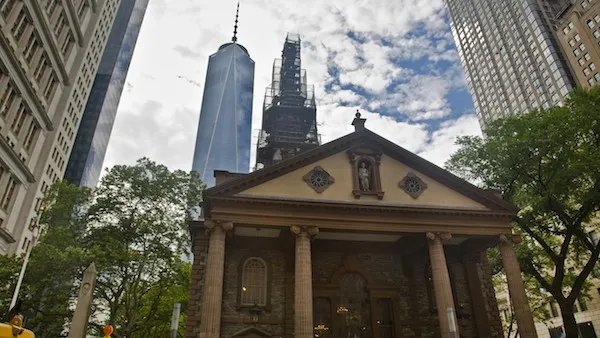 St. Paul's Chapel, the miracle of 9/11, with the Freedom Tower behind it.