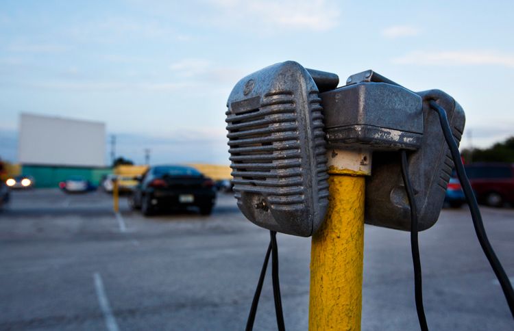 Old-school in-window speakers at the Silver Moon Drive-in in Lakeland, Florida