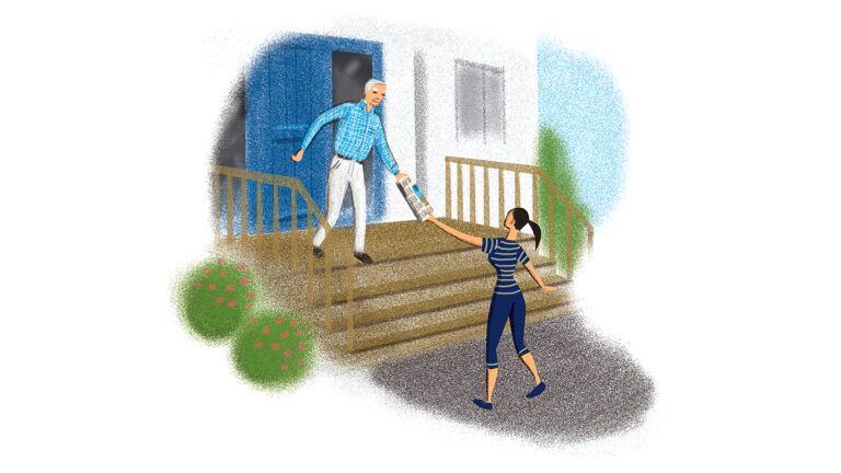 An artist's rendering of a woman handing a newspaper to a senior man