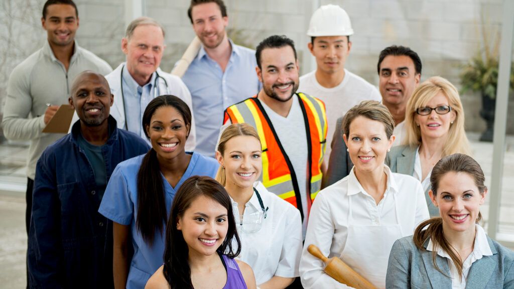 Royalty-free image: A diverse group of blue- and white-collar workers; Getty Images