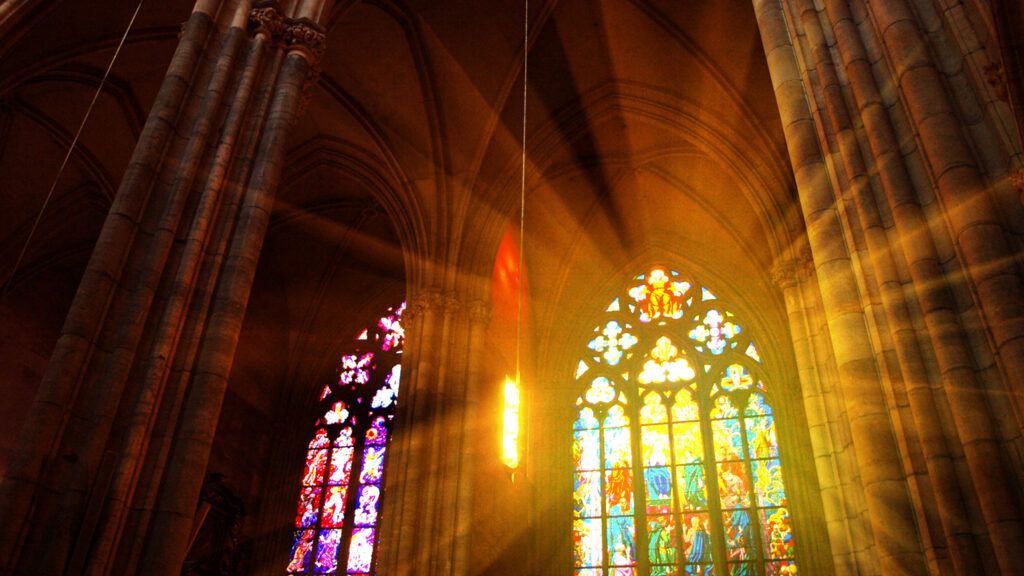 Interior stained glass windows of St. Vitus Cathedral, Prague, Czech Republic