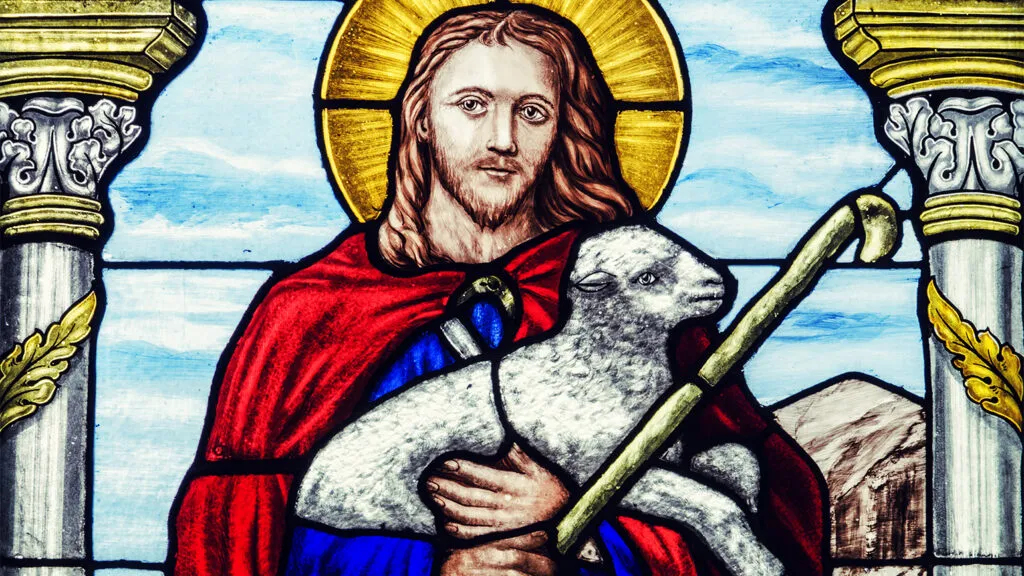 A stained glass window depicting Jesus as a shepherd during his triumphal entry