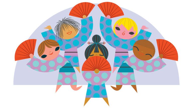 An artist's rendering of a multicultural group of children doing a traditional Japanese dance