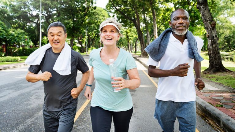 Active seniors on an exercise walk