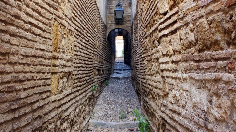 A narrow passageway leading to a gate