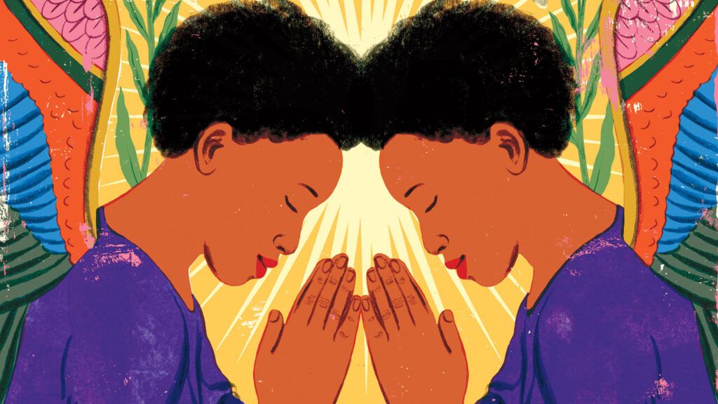 Illustration of two angels praying