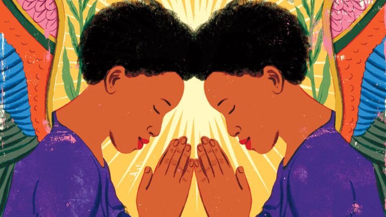 Illustration of two angels praying