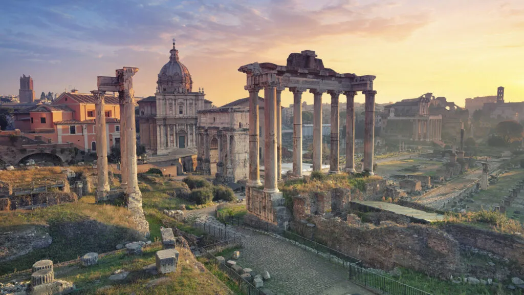 Roman Forum in Rome, Italy during sunrise.