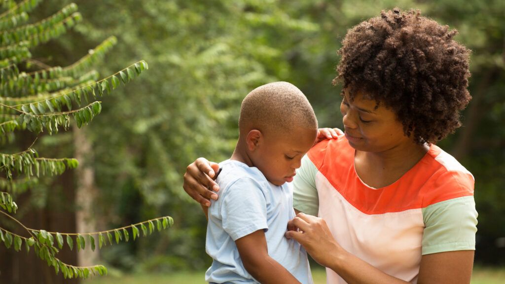 Mother talking to son