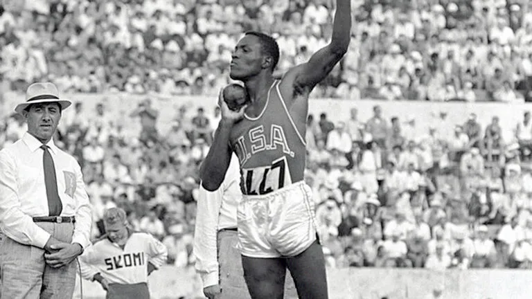 Rafter Johnson competing at that 1950 Olumpics; Public domain, via Wikimedia Commons