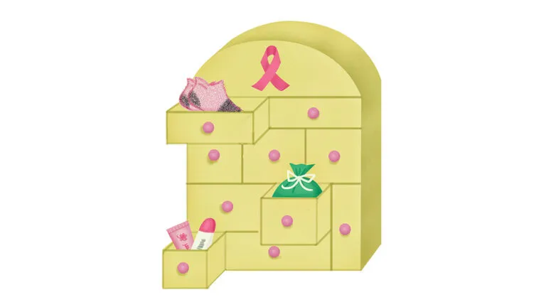 A chemo Advent box filled with care products; Illustration by Coco Masuda