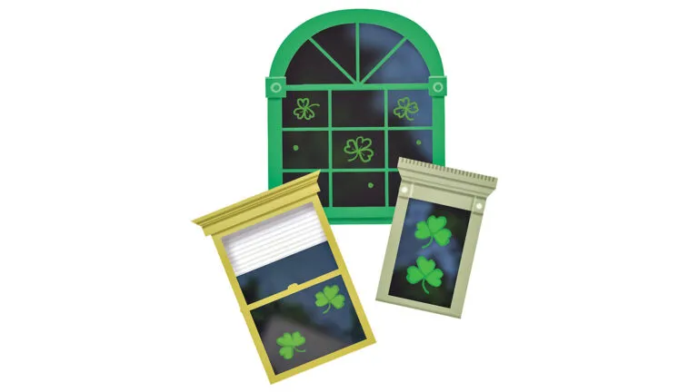 Shamrocks in various windows; Illustration by Coco Masuda