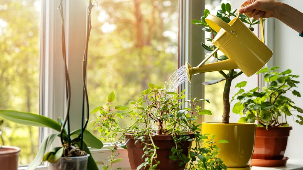 A woman uses a watering can to care for her plants; Getty Images