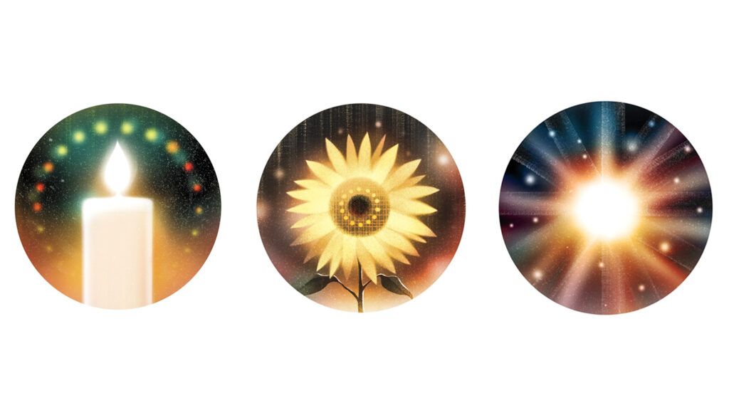 An illustration of a candle, sunflower and golden light; Illustrations by Jasu Hu