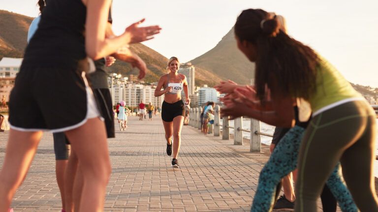 A marathon runner nears the finish line