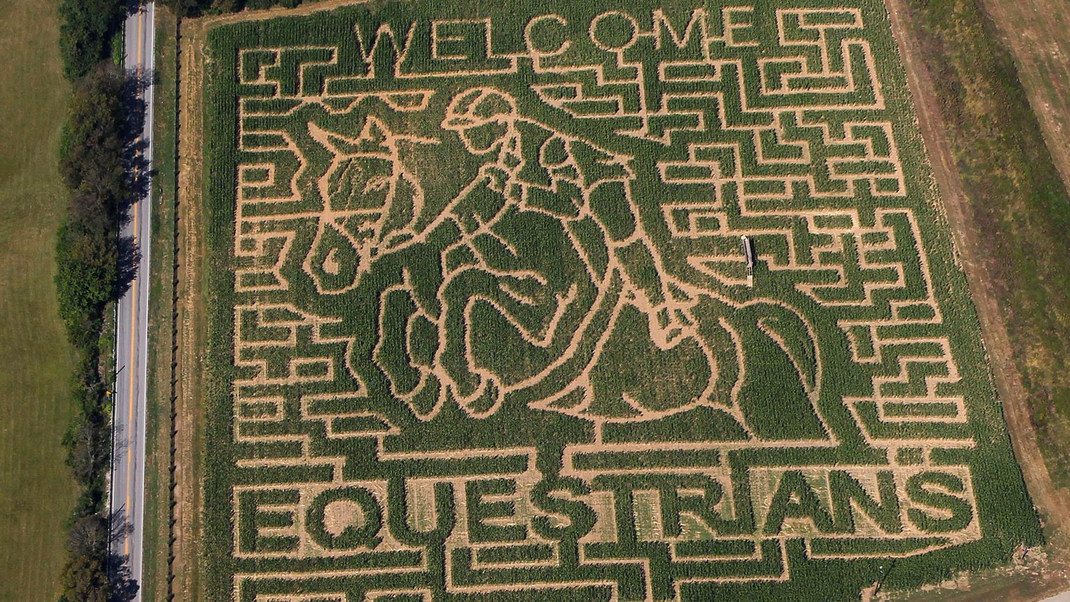 Aerial view of equestrian games corn maze in Lexington, KY; Photo credit: Charles Bertram/The Lexington Herald-Leader via AP)