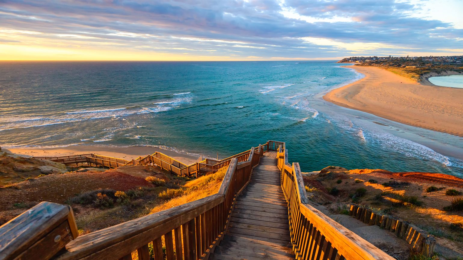 South Port Beach boardwalk at sunset; Getty Images