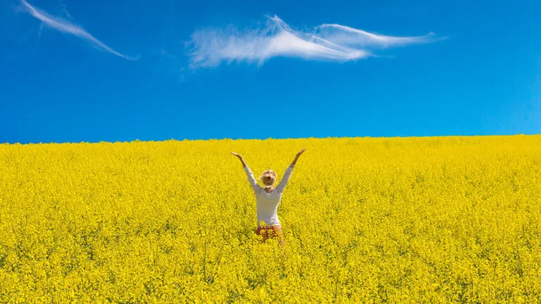 A woman in a field of yellow flowers