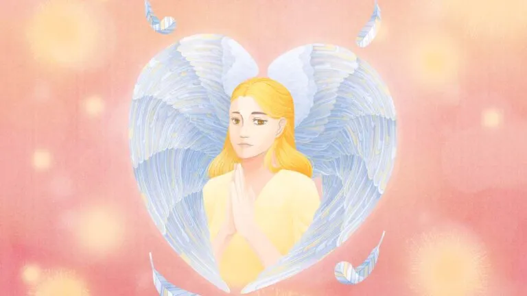 An illustration of an angel enveloped in a winged heart; Illustration by Weitong Mai