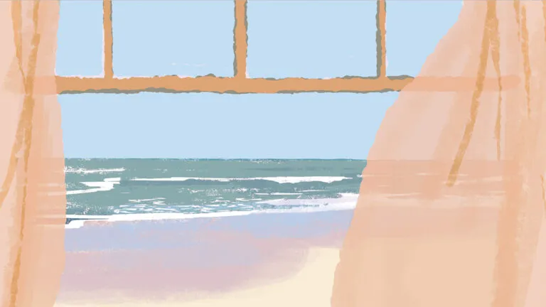 An illustration of an open window with a beachfront view; Illustration by Tatsuro Kiuchi