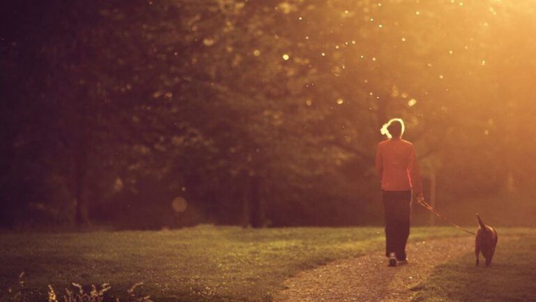 Woman walking dog at sunset doing positive living with an inspirational quote