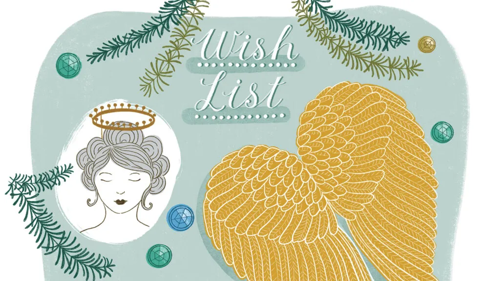 Illustration of an angel tree topper wish list; By Trina Dalziel