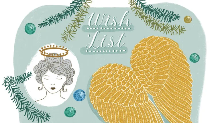 Illustration of an angel tree topper wish list; By Trina Dalziel