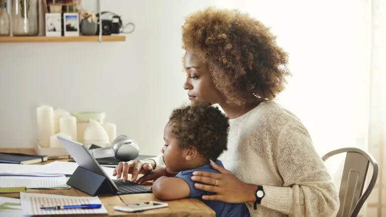 Working mom with her young son.