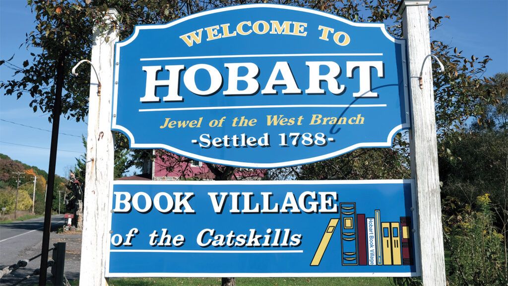 A sign welcoming book lovers to Hobart, NY; photo by Roy Gumpel