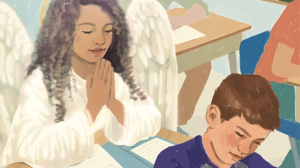 Illustration of an angel sitting behind a student; By Victoria Borges