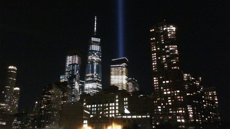 Beams shine heavenward to honor those lost on September 11